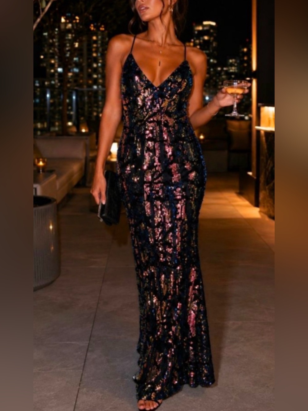 Black Multicolor Sequin Gown 
Elegant Evening Wear